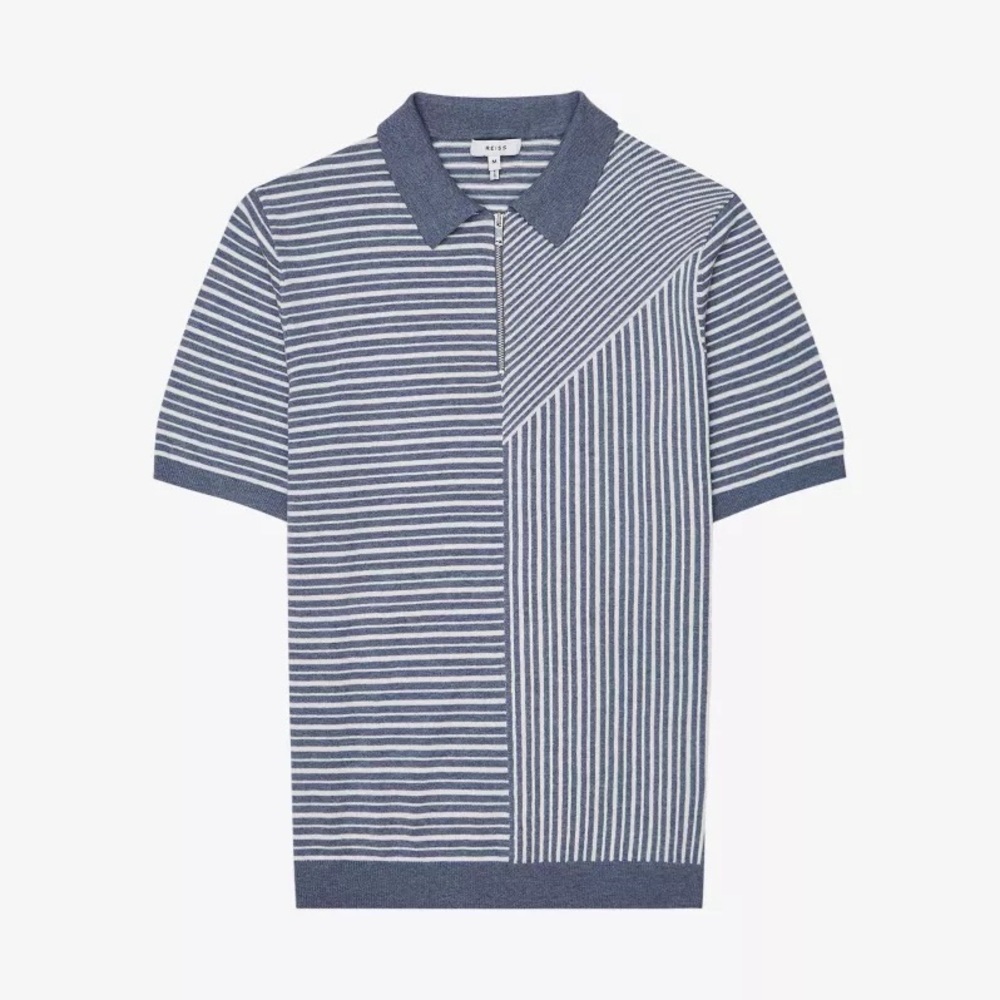 REISS Wriggle Wool & Cotton Blocked Stripe Regular Fit Half Zip Polo Shirt BNWT